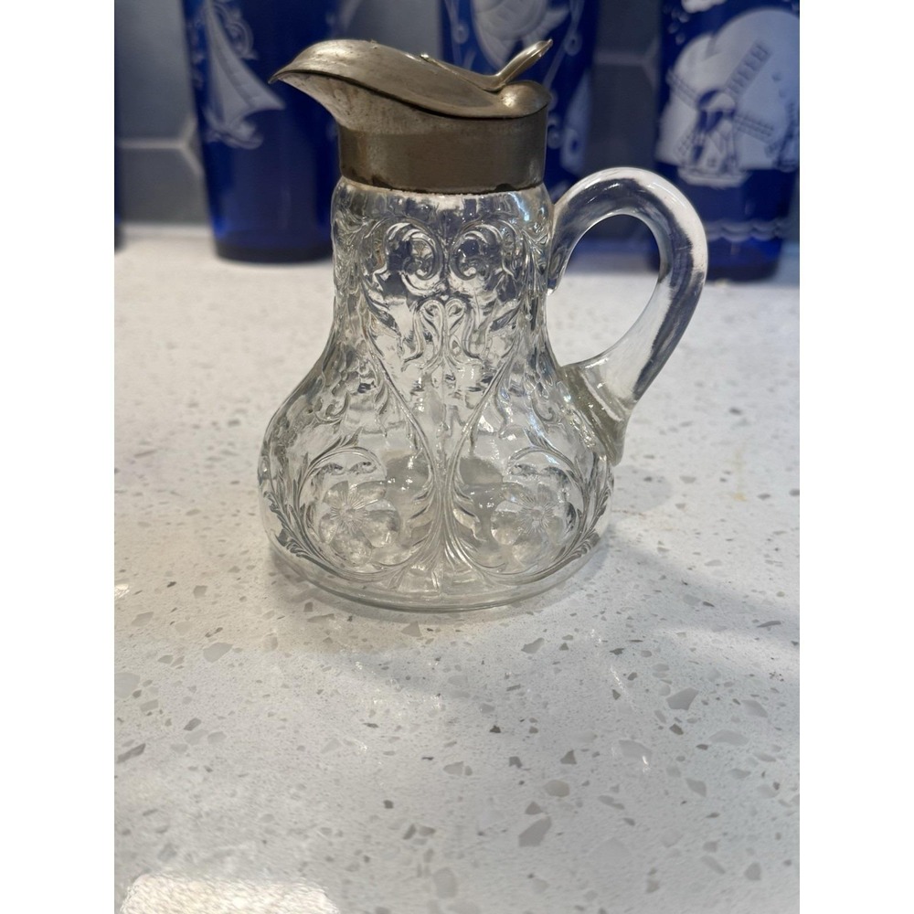 McKee Rock Crystal Clear Syrup Pitcher Metal Lid EAPG Depression Glass
